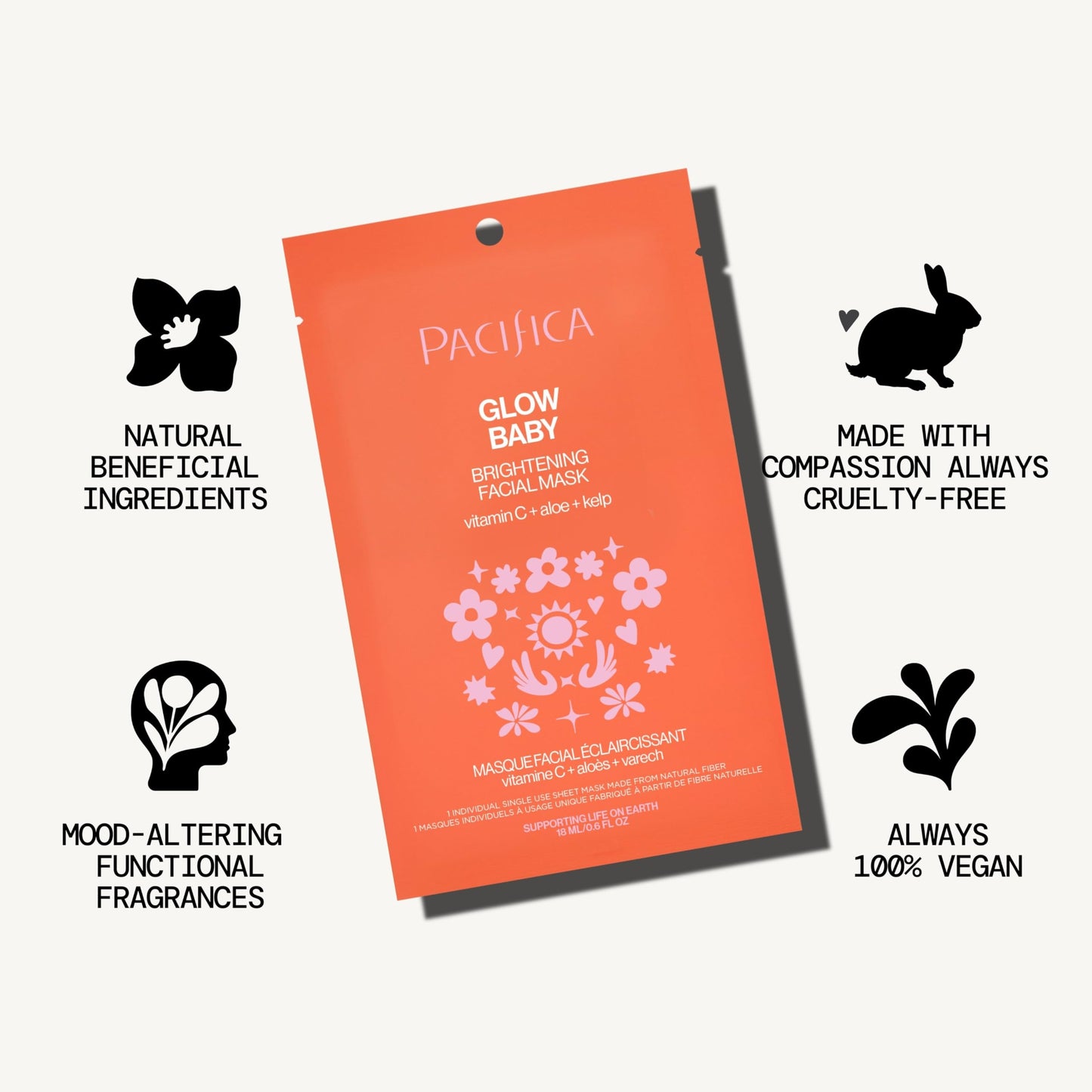 Pacifica Sheet Face Mask - Glow Baby Brightening Facial Mask w/Vitamin C, Aloe & Kelp - Cooling Mask for Dark Spots & Fine Lines - Clean Beauty Vegan