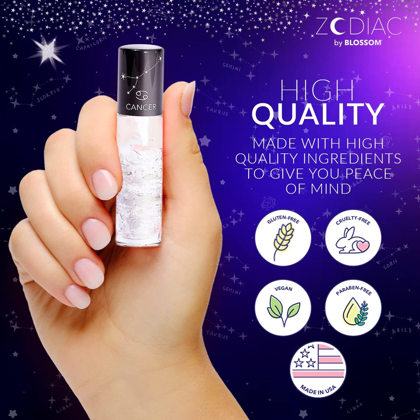 Blossom Lip Gloss Zodiac Sign Vanilla Scented Roll-On Lip Gloss, Moisturizing + Hydrating with Zodiac Crystals, Made in USA, 0.20oz, Cancer