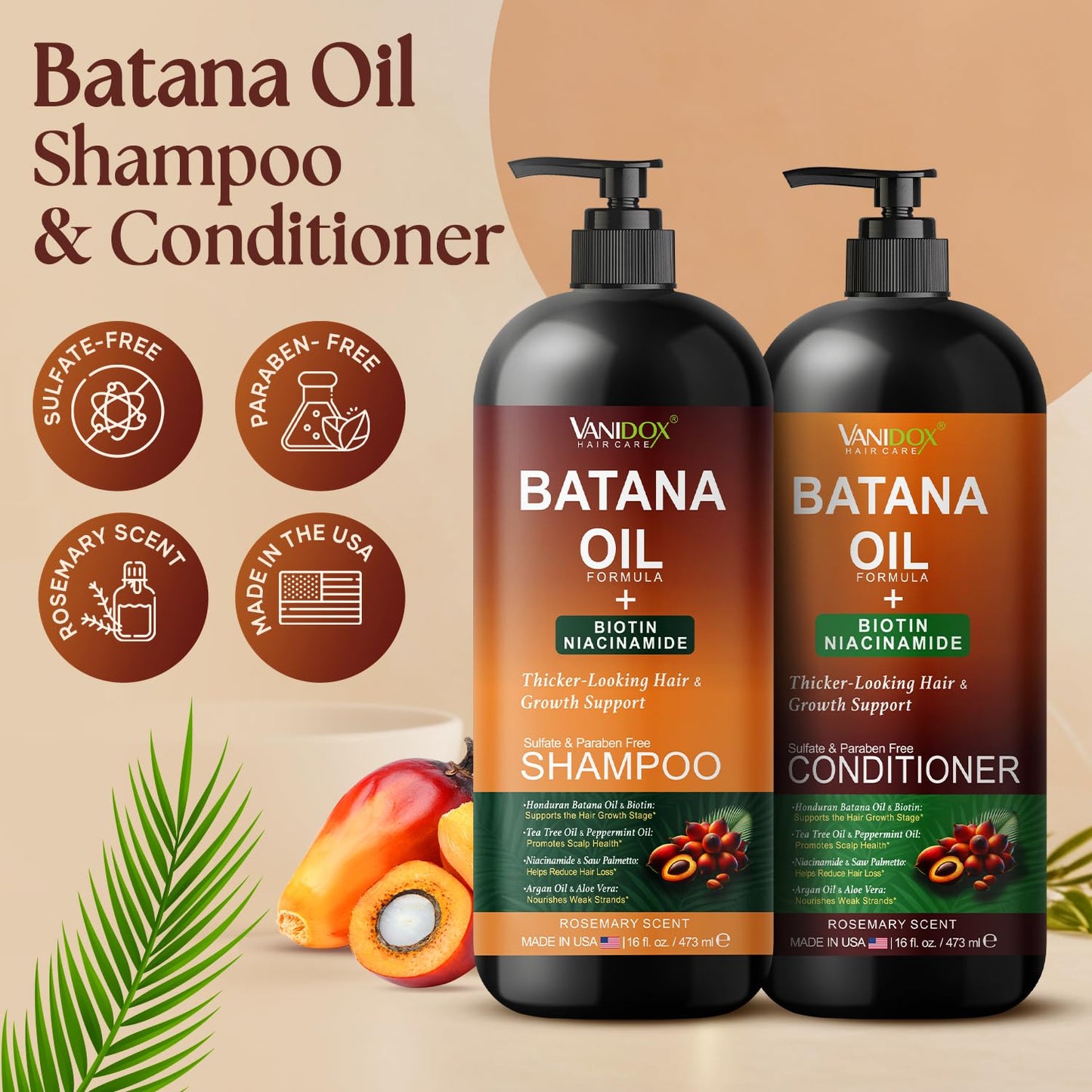 VANIDOX Batana Oil Shampoo and Conditioner Set - Biotin & Niacinamide Infused - Sulfate-Free, Paraben-Free - Moisturizing & Strengthening Hair Care