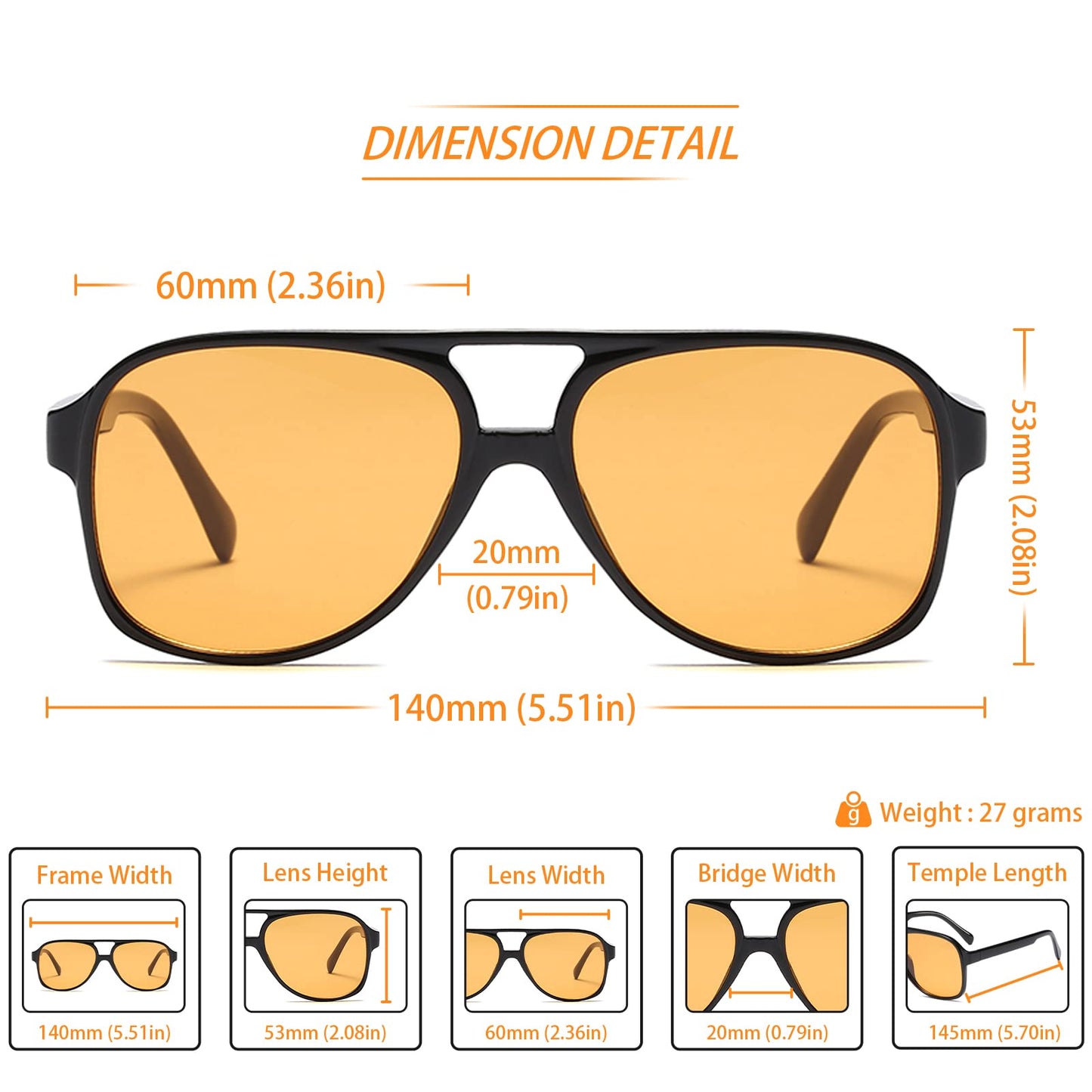 Freckles Mark Vintage Retro 70s Sunglasses for Women Men Classic Large Square Aviator Trendy Glasses (Tinted Yellow, Millimeters, 60)