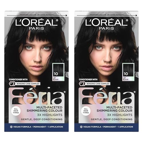 L'Oreal Paris Feria Multi-Faceted Shimmering Permanent Hair Color, High Intensity Hair Dye for 3X Highlights, 10 Jet Black, 1 Kit (Pack of 2)