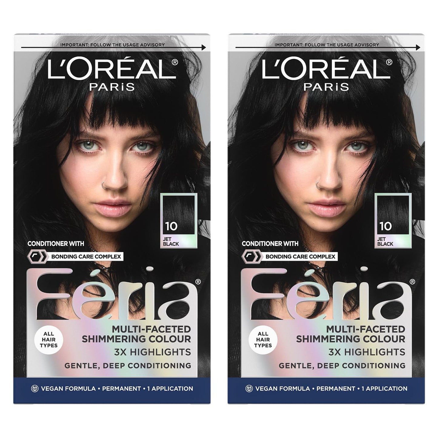 L'Oreal Paris Feria Multi-Faceted Shimmering Permanent Hair Color, High Intensity Hair Dye for 3X Highlights, 10 Jet Black, 1 Kit (Pack of 2)