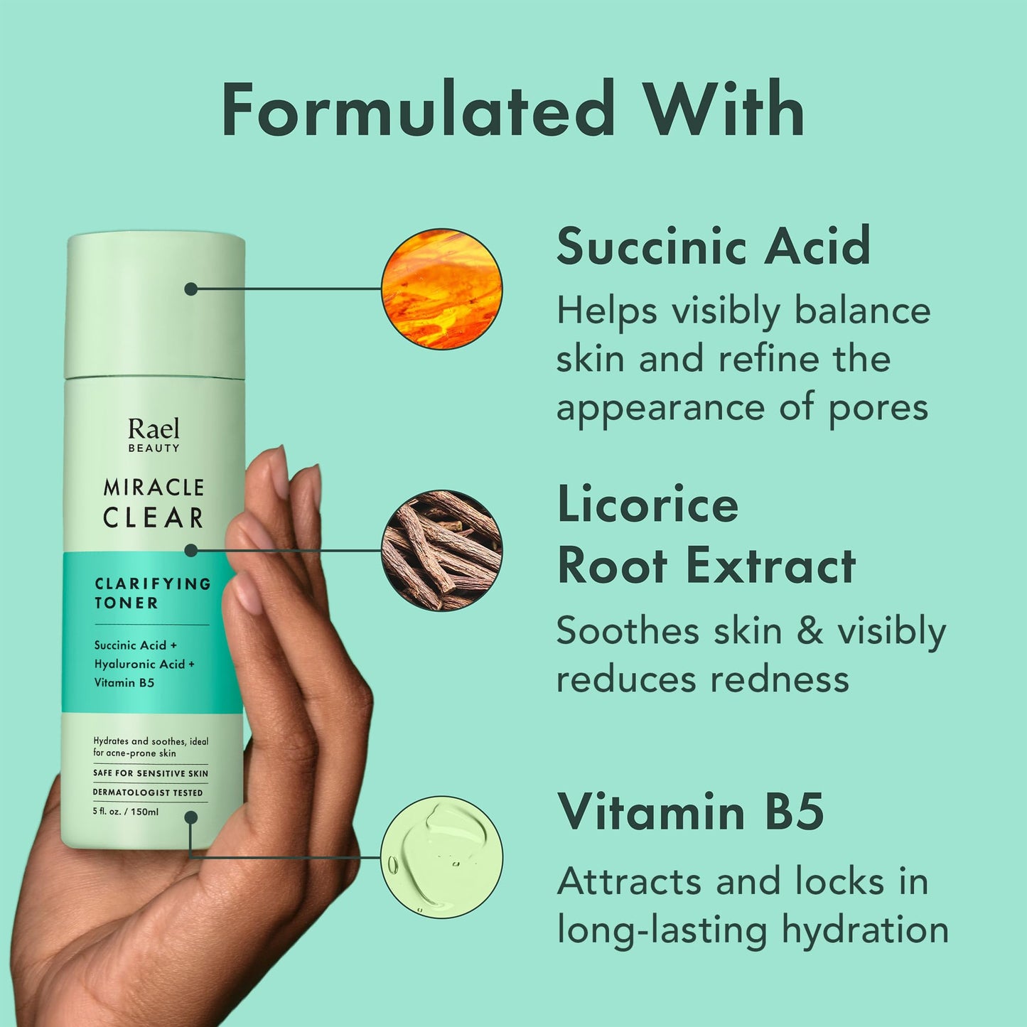 Rael Toner for Face, Miracle Clear - Daily Toner with Succinic Acid, Vitamin B5, Hydration, Korean Skin Care (5.1 oz)