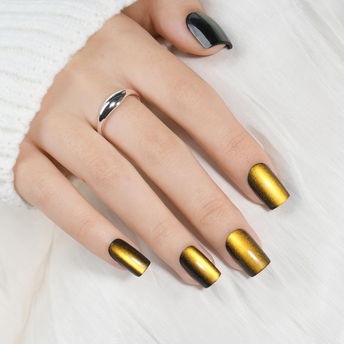 Leefrei Gold Cat Eye Press On Nails - Short Square Metallic Gold Nails Press Ons for Women DIY Glossy Fake Nails Kit with Glue, Reusable Soft Gel Glue Beauty and Personal Care Leefrei Default Title