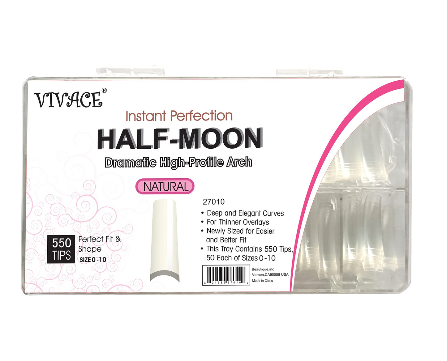 VIVACE Natural Half Moon 550 Acrylic False Fake Gel Nail Tips 11Sizes With Clear Plastic Case for Nail Salon Nail Shop (Natural Half Moon)…