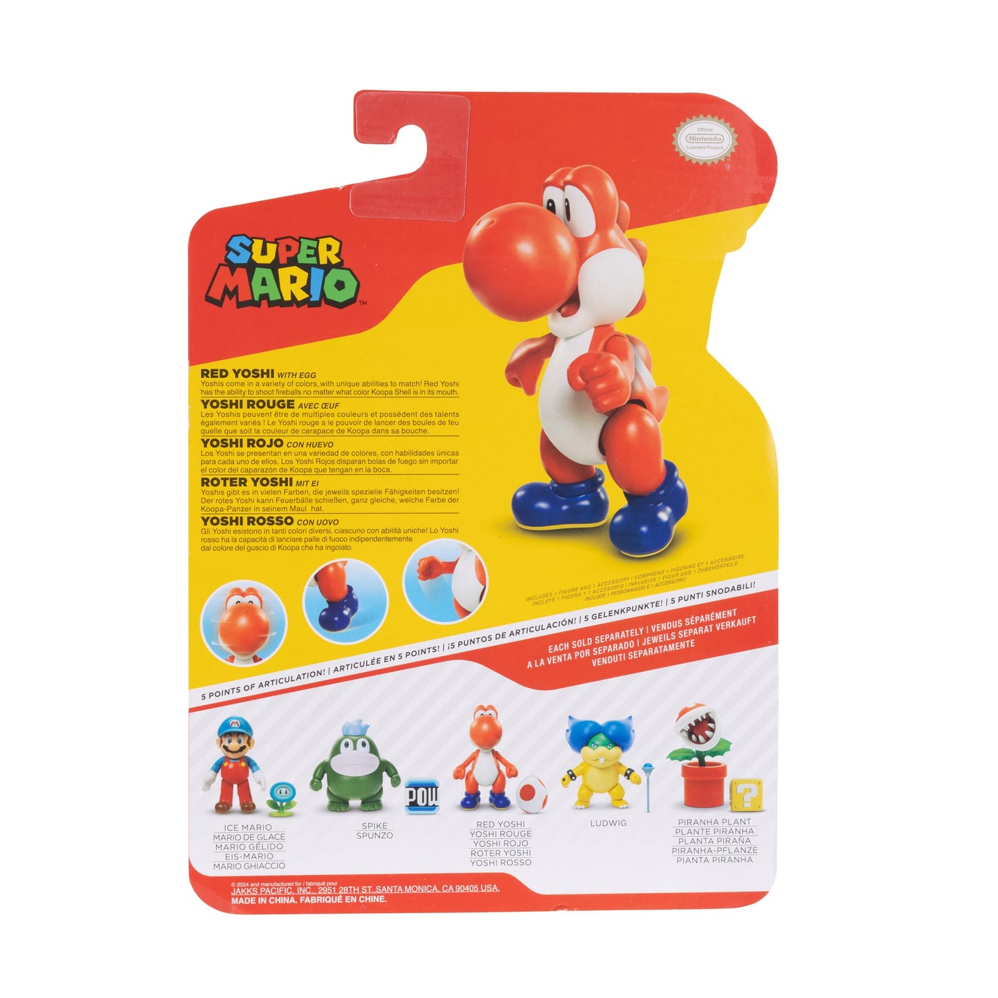 Nintendo Super Mario 4-Inch Red Yoshi Poseable Figure with Red Egg Accessory. Ages 3+ (Officially licensed)