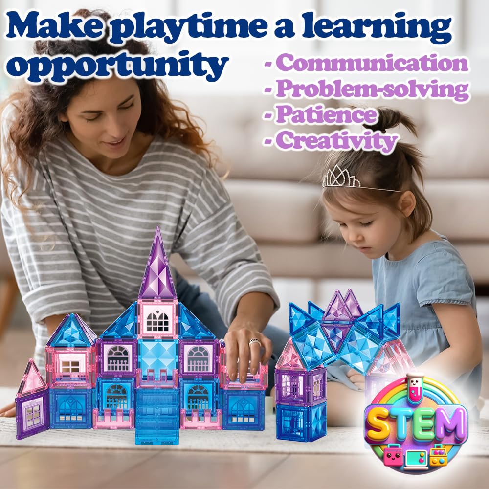 Little Pi 102pcs Frozen Princess Castle Magnetic Tiles – 3D STEM Building Blocks for Kids Ages 3-8, Pretend Play & Birthday Gifts