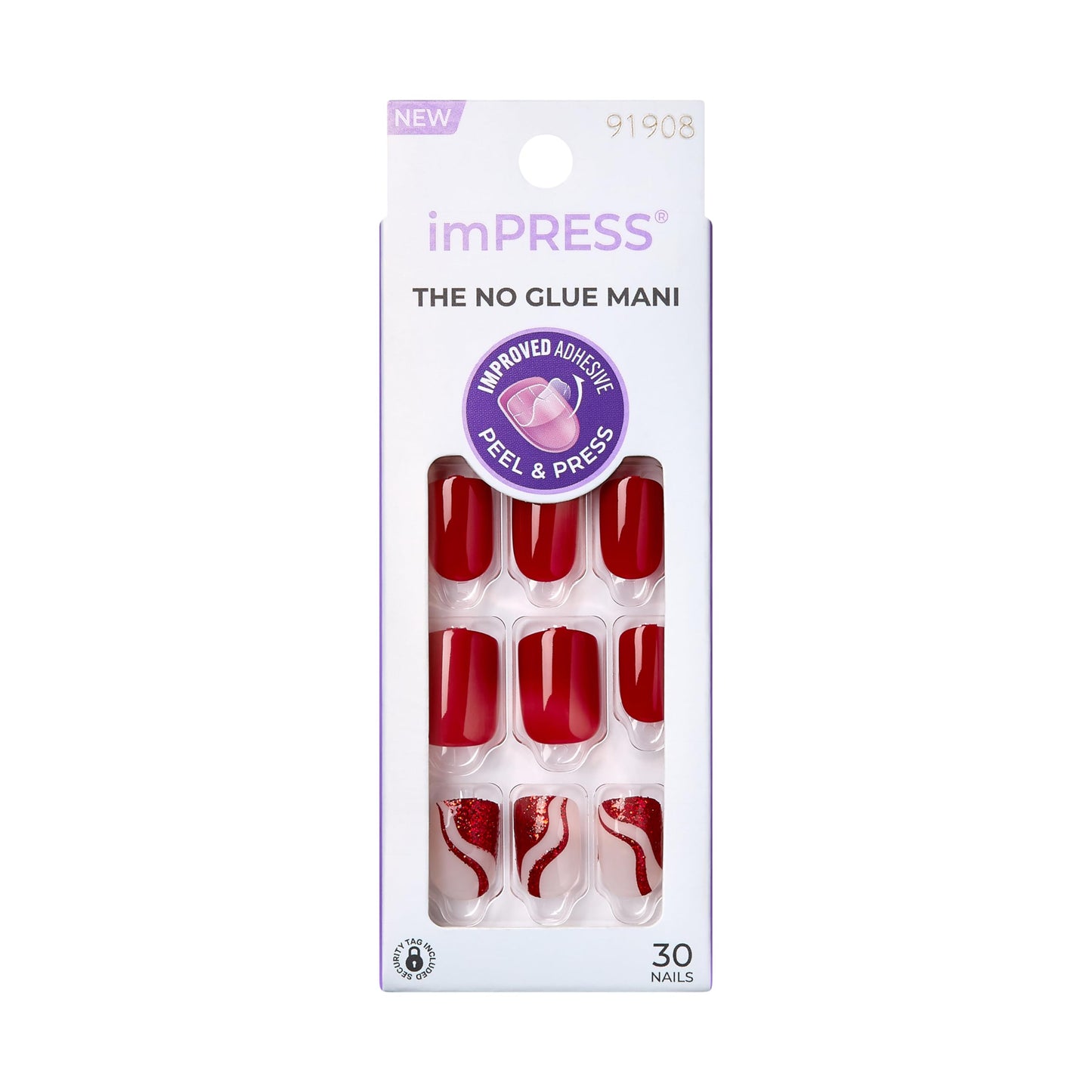 Kiss Impress Design Press On Nails, ‘Endlessly’, Red, Short Squoval, PureFit Technology, Chip Proof, Smudge Proof, Waterproof, Nail File, Manicure Beauty & Personal Care imPRESS