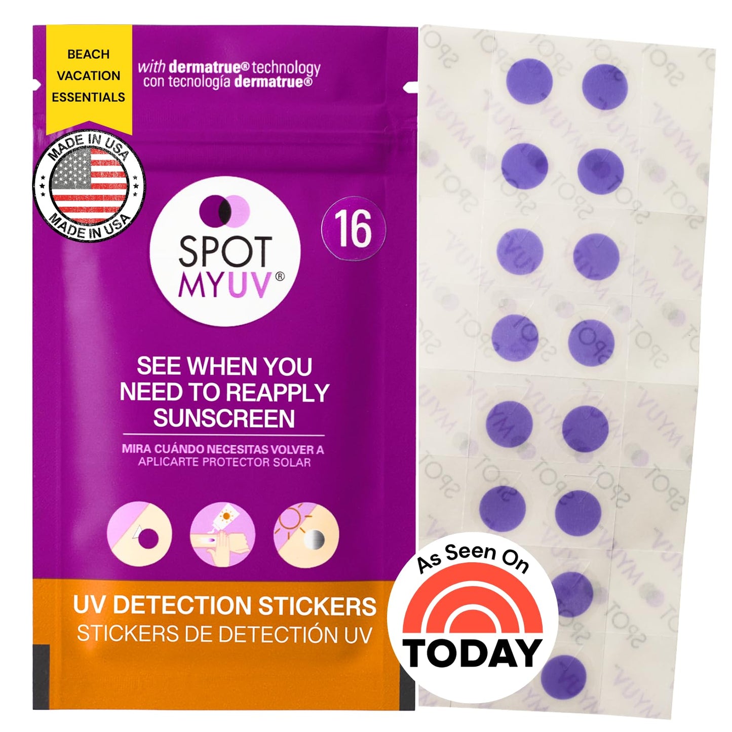 SpotMyUV UV Detection Stickers for Sunscreen with Patented Dermatrue SPF Sensing Technology, Know When to Reapply Sunscreen to Help Prevent Sunburn
