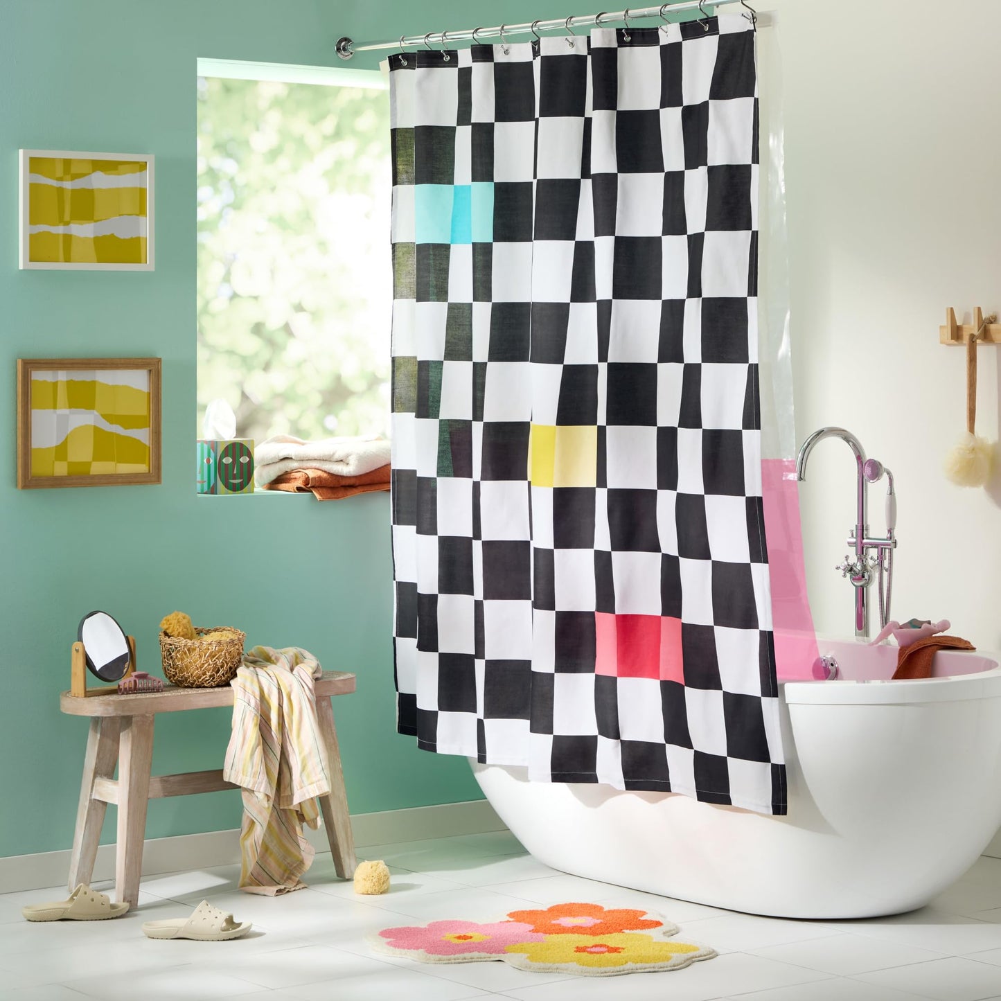 TOWN & COUNTRY PLAY Betty Bold Checkerboard Cotton-Rich Breathable Fabric Shower Curtain with Anti-Rust Grommets, Black/White/Blue, 70"x72"