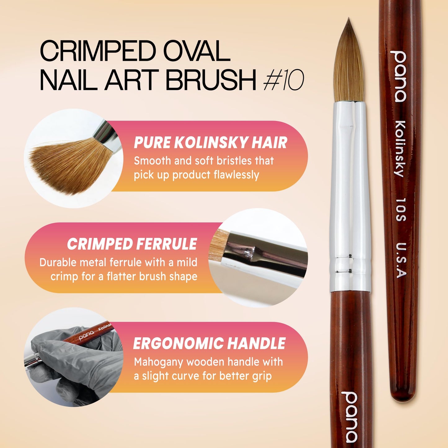 PANA Pure Kolinsky Hair Acrylic Nail Brush - Oval Crimped Shape Silver Ferrule with Mahogany Wood Handle (Size 10) - Nail Extension Manicure Pedicure Beauty & Personal Care PANA