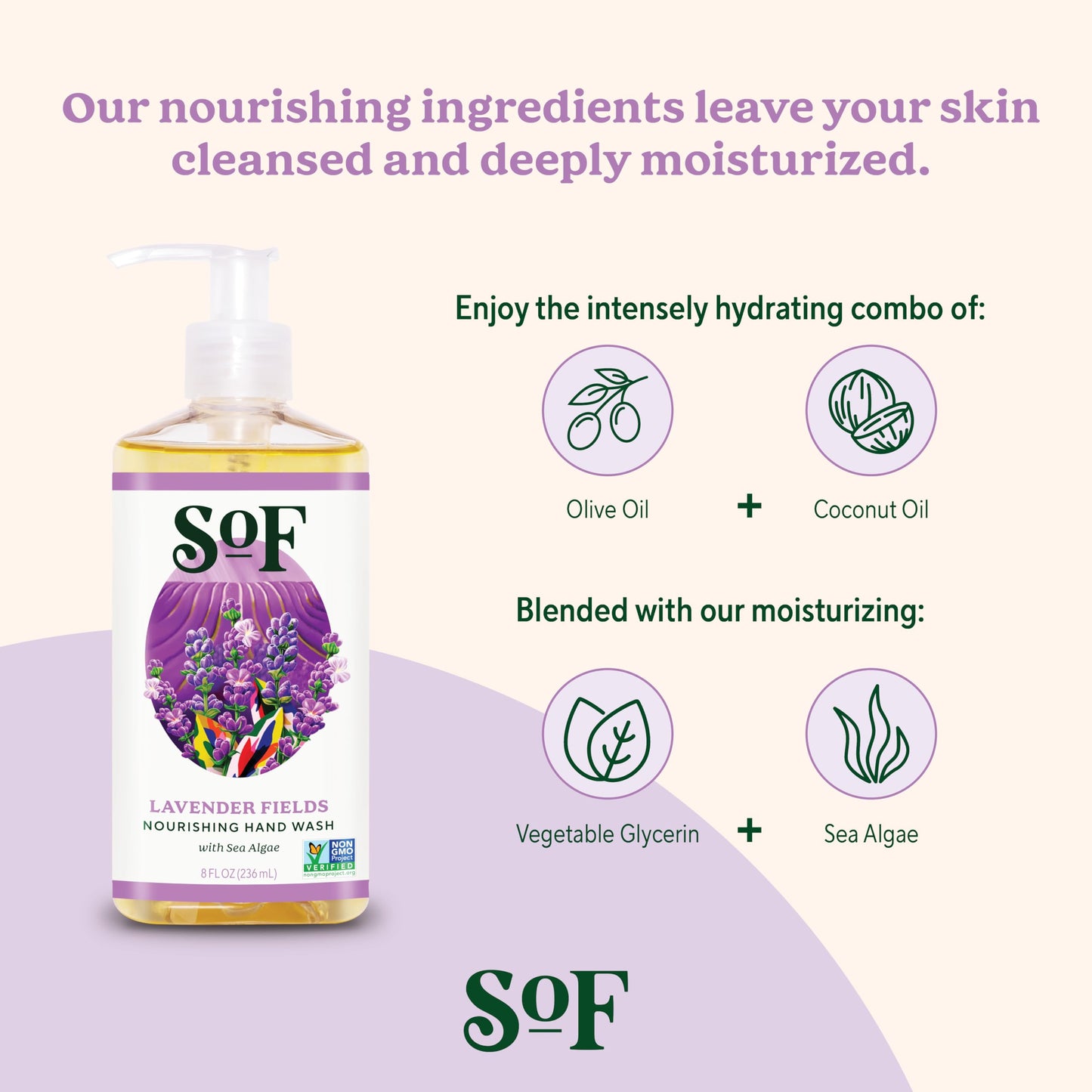 SoF Nourishing Hand Wash - With Moisturizing Sea Algae, Coconut & Olive Oil- Vegan & Non GMO- Free From Phthalates, Sulfates & Parabens- Lavender