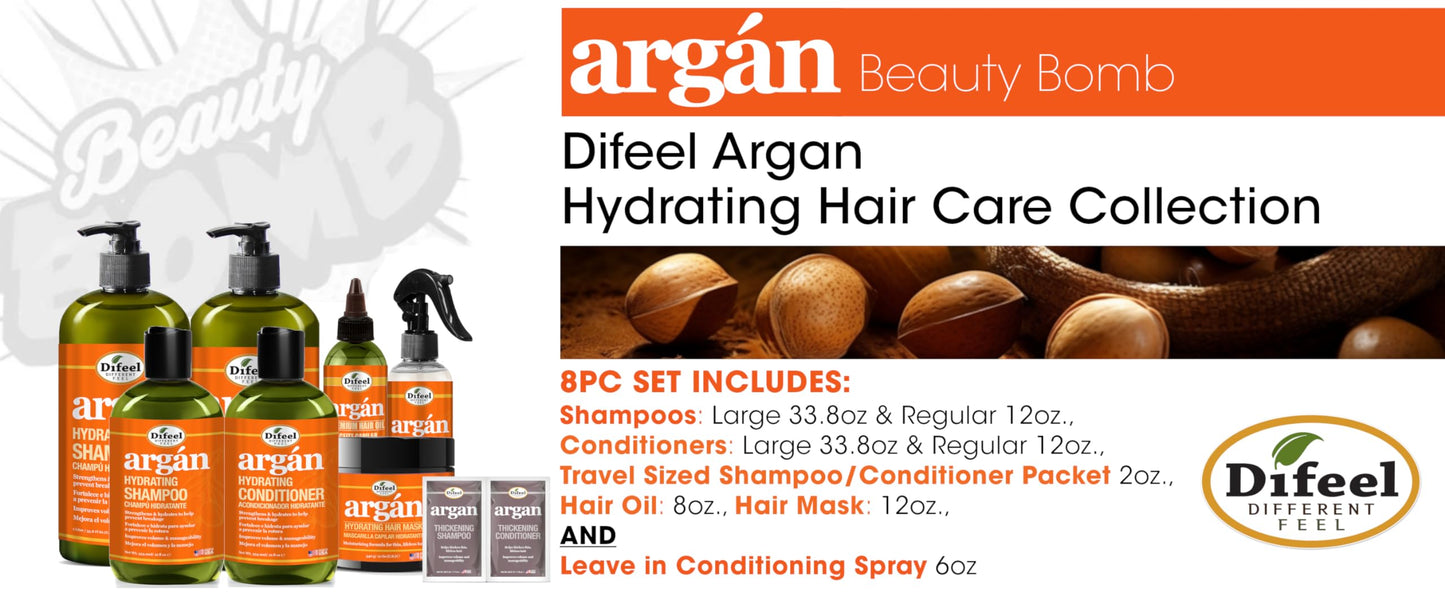 Difeel Argan Hydrating Shampoo & Conditioner Collection - 8 Piece Set, Includes Hair Oil, Mask, Leave in Spray, Travel Size - Sulfate Free, Paraben