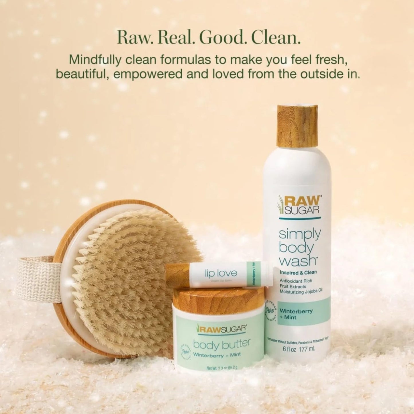Raw Sugar Body Bliss Gift Set, Winterberry + Mint, Body Wash 6 fl oz, Body Butter 2.3 oz, Lip Balm and Body Brush Beauty & Personal Care RAW SUGAR
