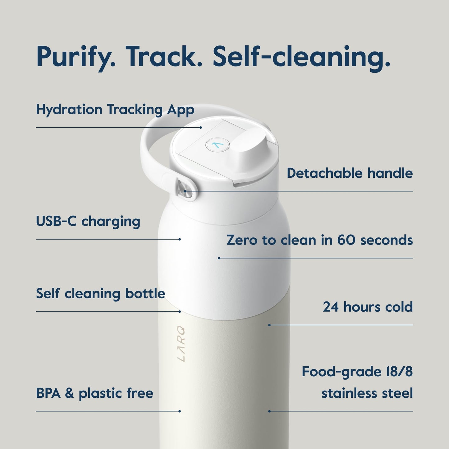 LARQ Bottle PureVis 2 23 oz - UV Water Purifier with Self-Cleaning, App Hydration Tracking, Filter Straw, Detachable Handle, Double-Wall Insulated