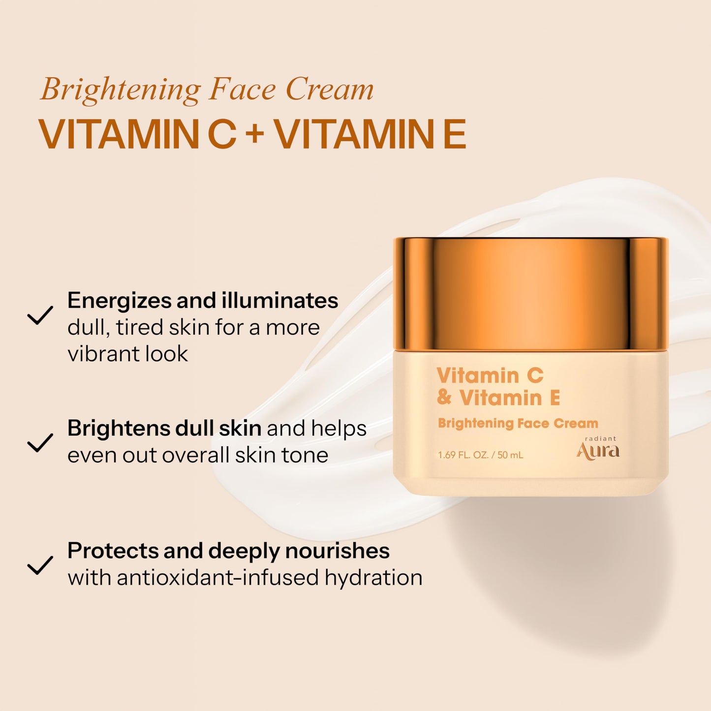 Radiant Aura Vitamin C & Vitamin E Face Moisturizer - Dermatologist Tested, Anti Aging Korean Skin Care - Hydrating Cream For Smoother Youthful