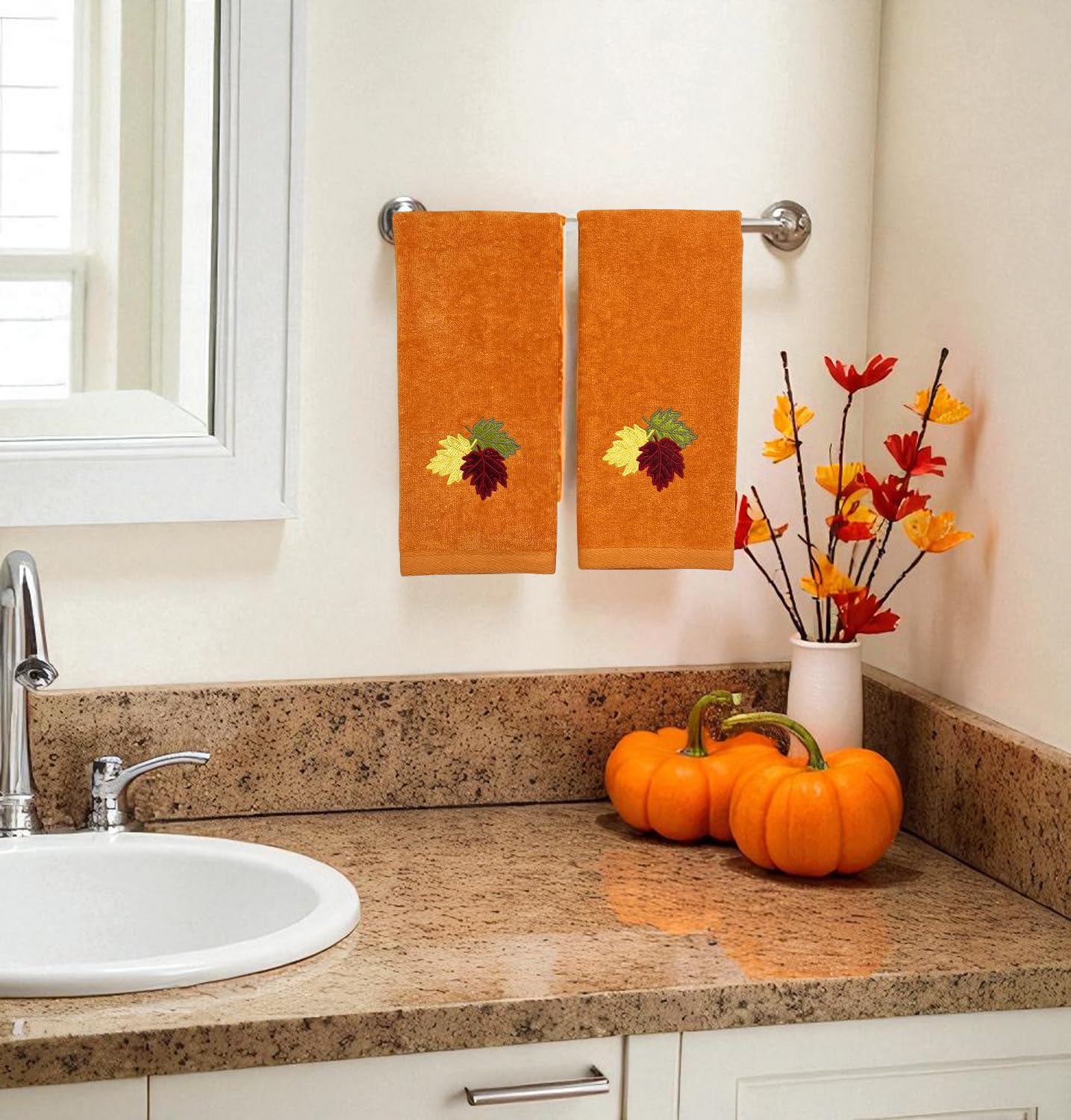 Serafina Home Decor Farmhouse Fall Hand Towels: Terracotta Rust Cotton Towels with Autumn Leaves of Burgundy Green and Yellow Hand Towel, 2 Piece Set