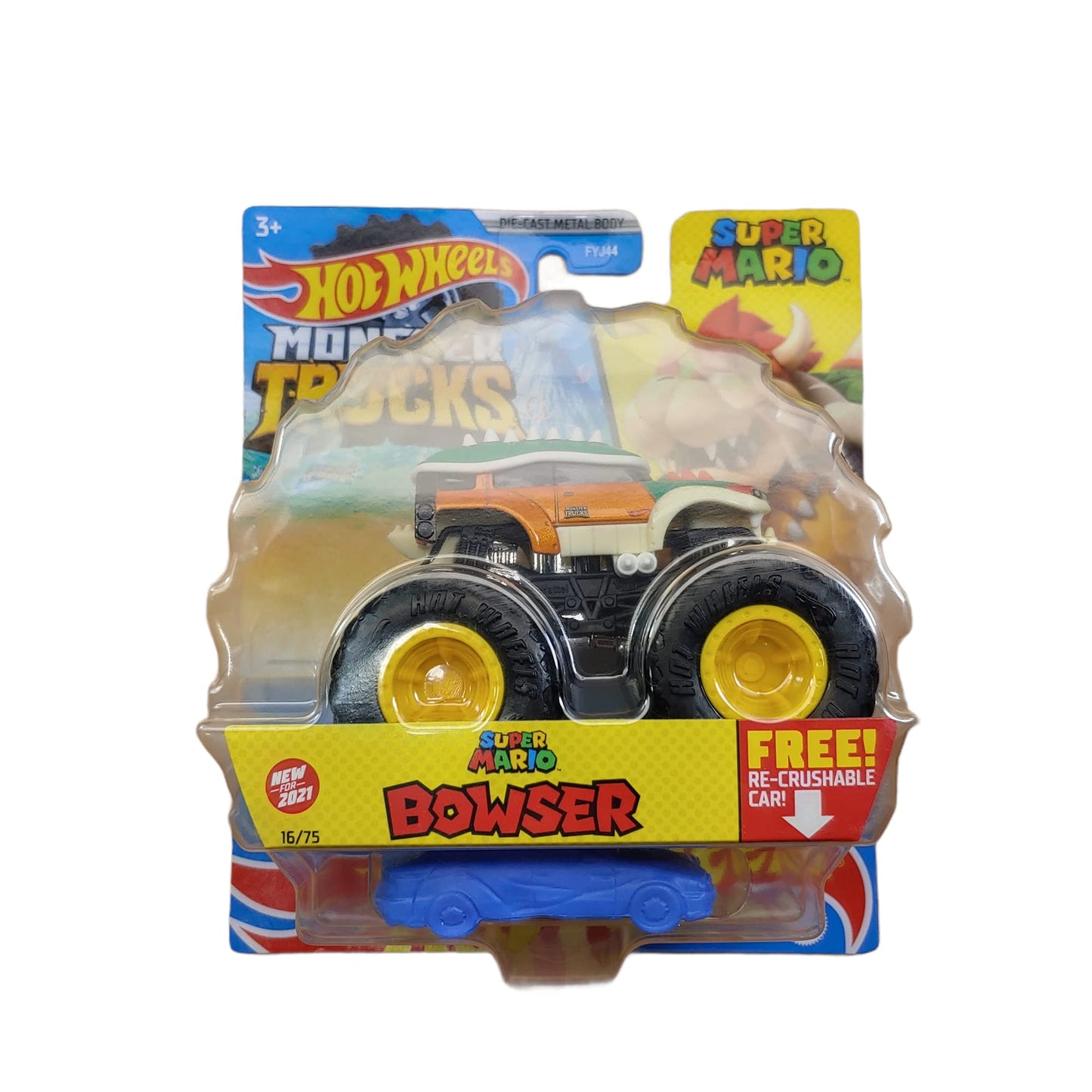 Hot Wheels Monster Trucks 2021 #16/75 Super Mario Bowser with Re-Crushable Car