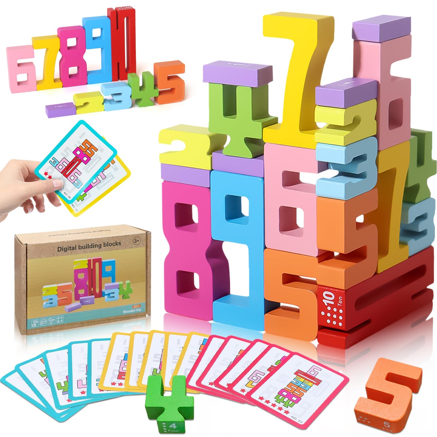 XPQKDC Wooden Number Building Blocks 20pcs – Stacking Digital Blocks 1-10 for Kids Ages 3+, Educational Balance & Learning Toy Gift