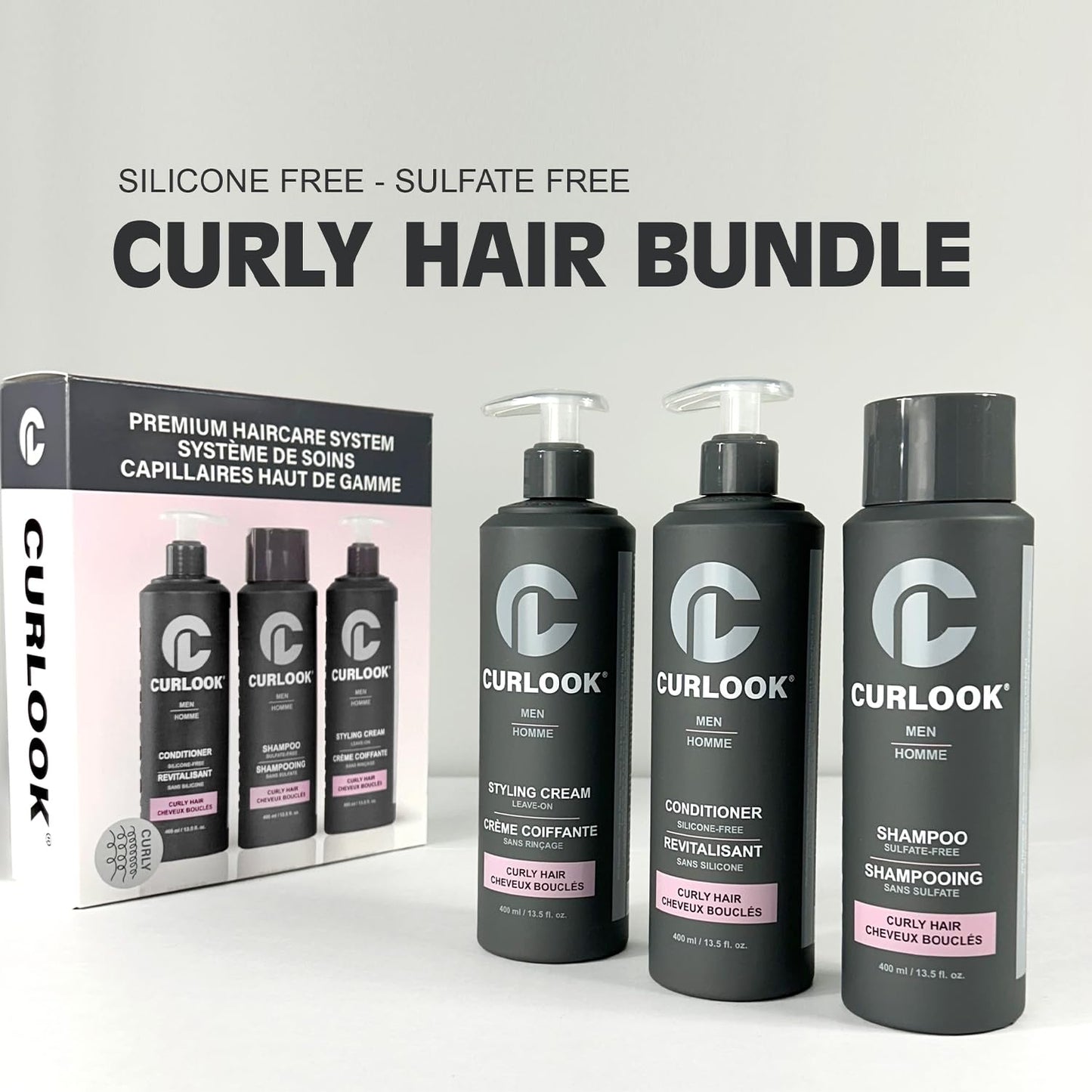 Curlook Curly Hair Package | Sulfate-Free, Silicone-Free Shampoo, Conditioner & Leave-In Styling Cream Set for Men | 400ml (13.5 oz) Each | Made in