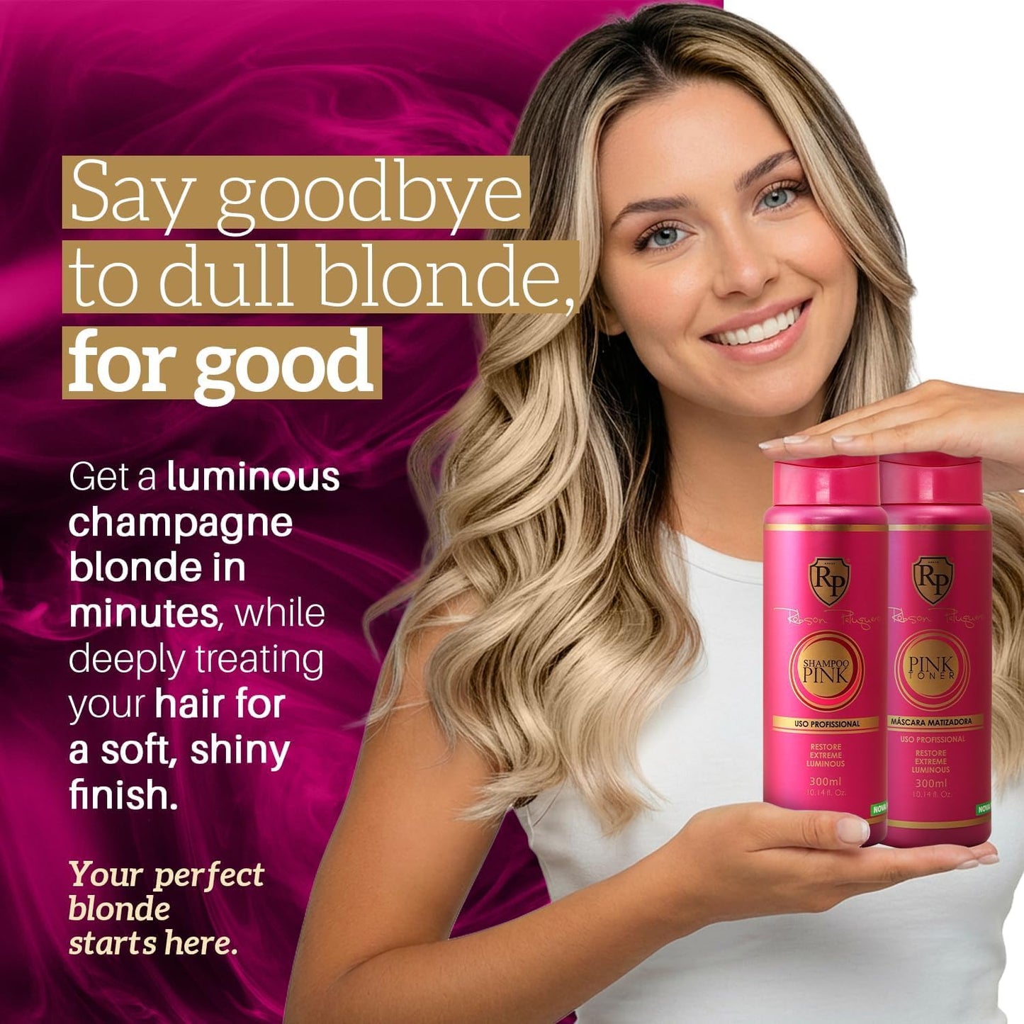 Robson Peluquero Pink Toning Kit | Hair Toner Gloss + Shampoo | Creates Champagne & Neutral Blonde for Brassy, Bleached & Highlighted Hair, Hydrates