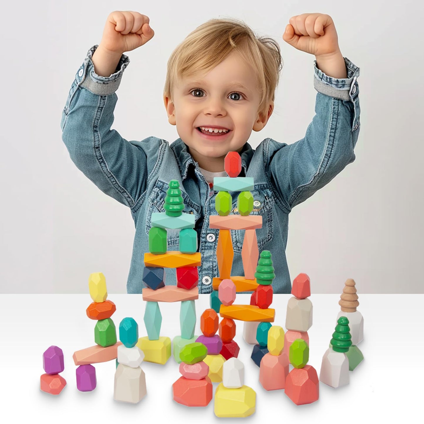 WOODENFUN 48pcs Wooden Stacking Rocks – Montessori Sensory STEM Building Blocks Game for Kids Ages 3-6, Educational Birthday Gift