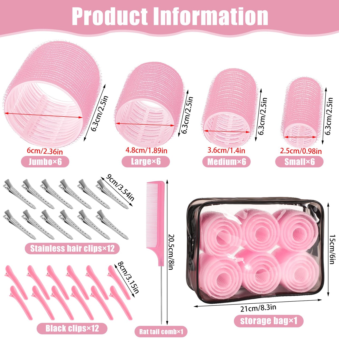 4 Sizes Self-Grip Hair Rollers Set for Long, Short Hair and Bangs - 50 Pcs with Clips (25mm, 36mm, 48mm, 60mm), Pink Beauty and Personal Care obeoby
