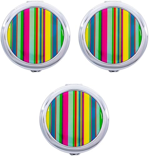 Stephanie Imports Set of 3 Double Sided Magnifying Round Compact Mirrors with Printed Insert (Colorful Stripes)