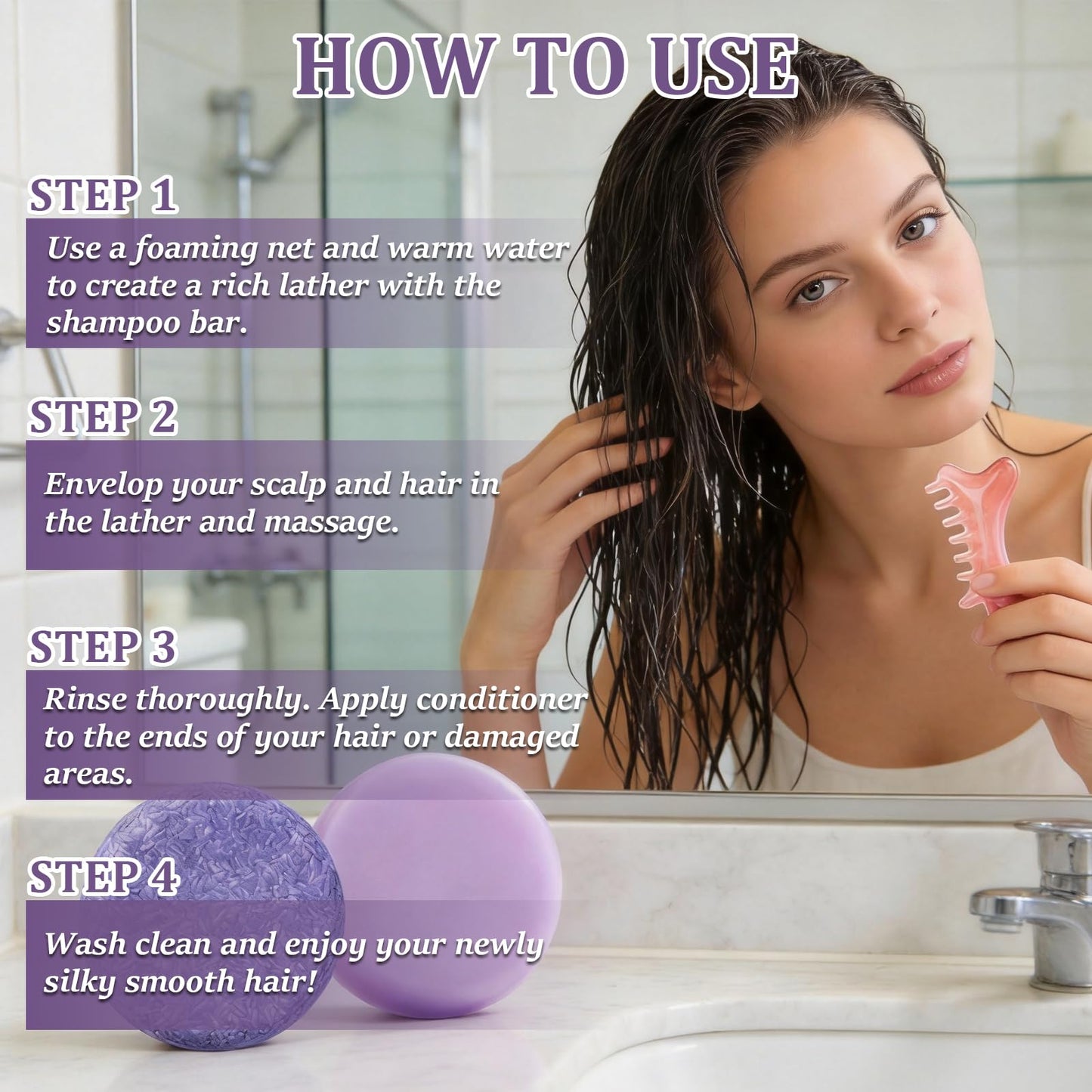 Blueberry Solid Shampoo and Conditioner Bar Set with Pink Massage Comb, Natural Blueberry Shampoo & Conditioner Bundle Bars, Nourishing and Repairing