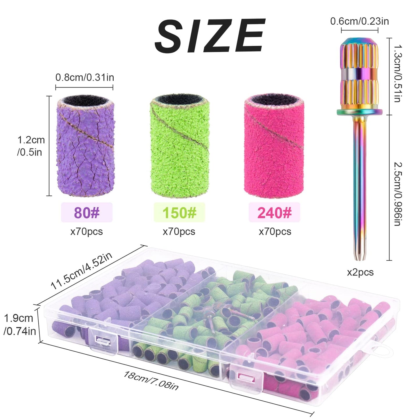 Rolybag Sanding Bands for Nail Drill Sanding Bands#80#150#240 Grits 210Pcs Color Coarse Fine Nail Sanding Bands 2Pcs Nail Drill Bits 3/32" Mandrel