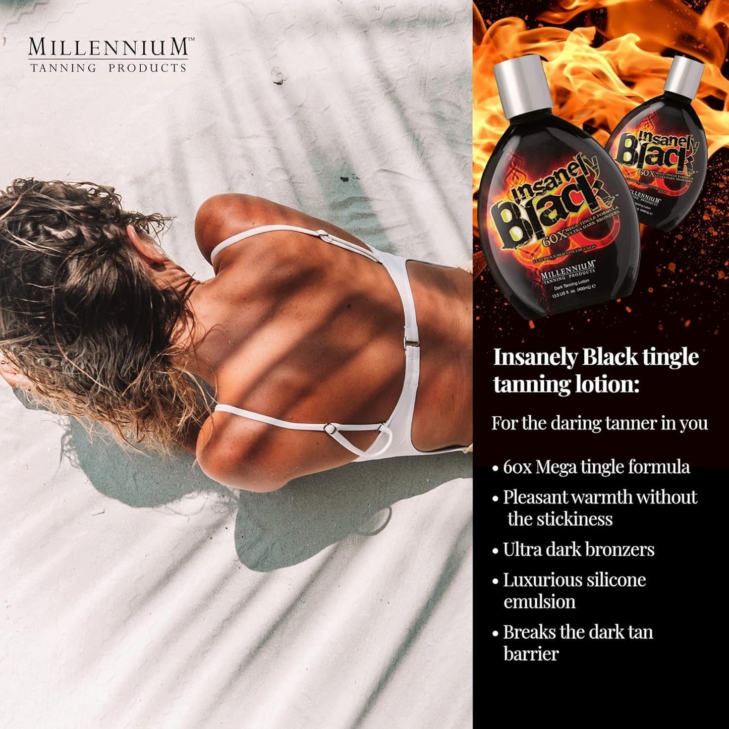 Millennium Tanning Insanely Black 60x, Mega Tingle Dark Tanning Lotion, 13.5 Ounces