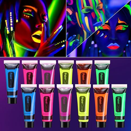 WYBLZPXZ 12 Pcs Glow in Dark Face Body Paint,Black Light Glow Makeup Set Neon Fluorescent,Glow Blacklight Body Face Paint Set Face Painting for Music