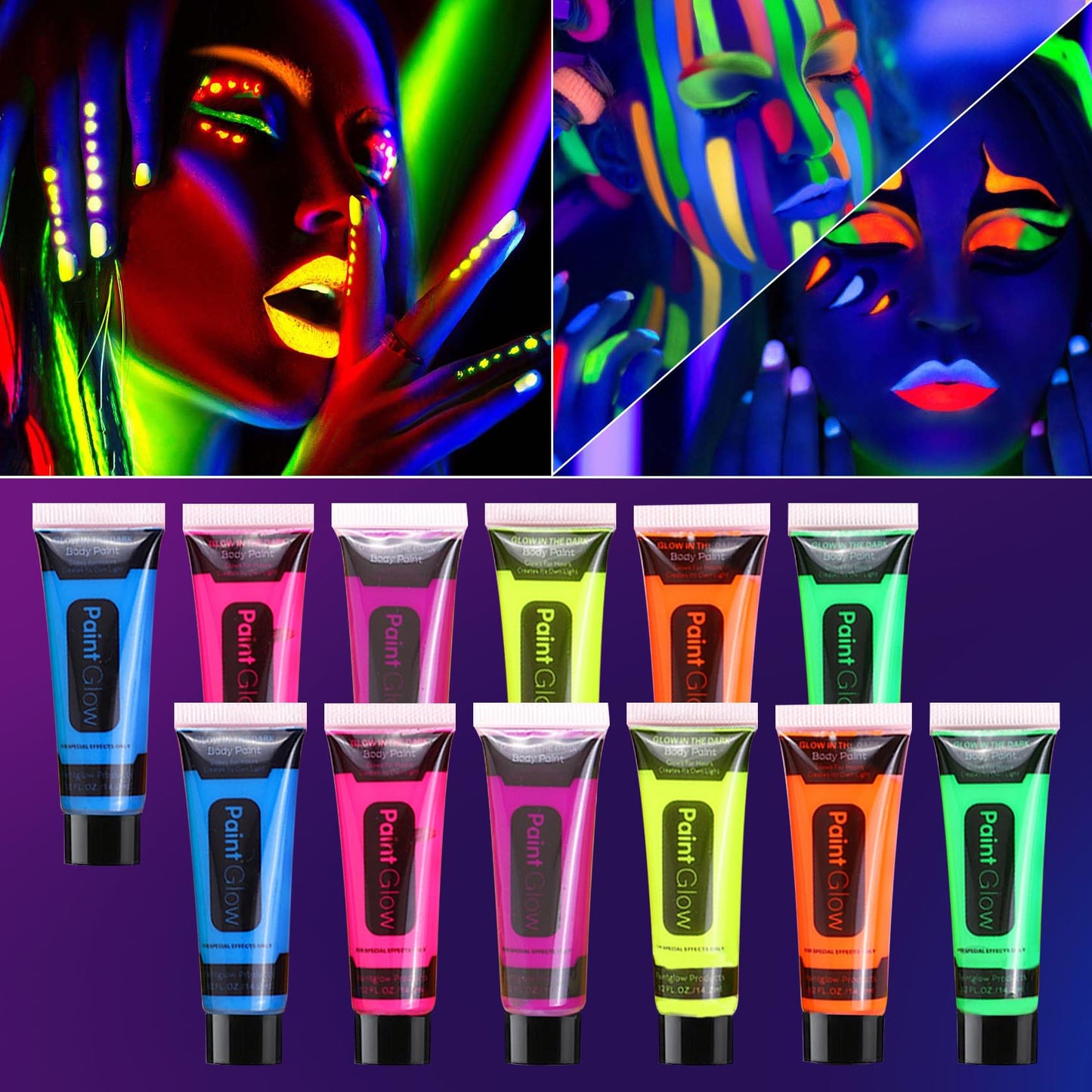 WYBLZPXZ 12 Pcs Glow in Dark Face Body Paint,Black Light Glow Makeup Set Neon Fluorescent,Glow Blacklight Body Face Paint Set Face Painting for Music