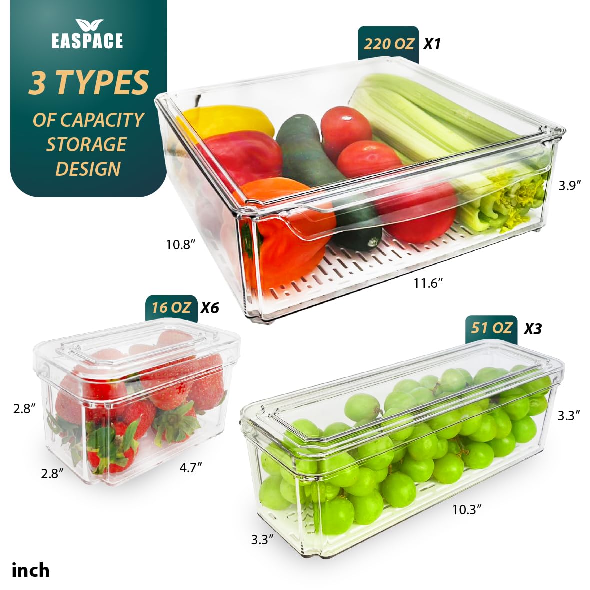 EASPACE 10-Pack Clear Fridge Organizer Bins with Lids & Drainage Holes, Stackable Container Set, BPA-Free Plastic Refrigerator Storage Containers…