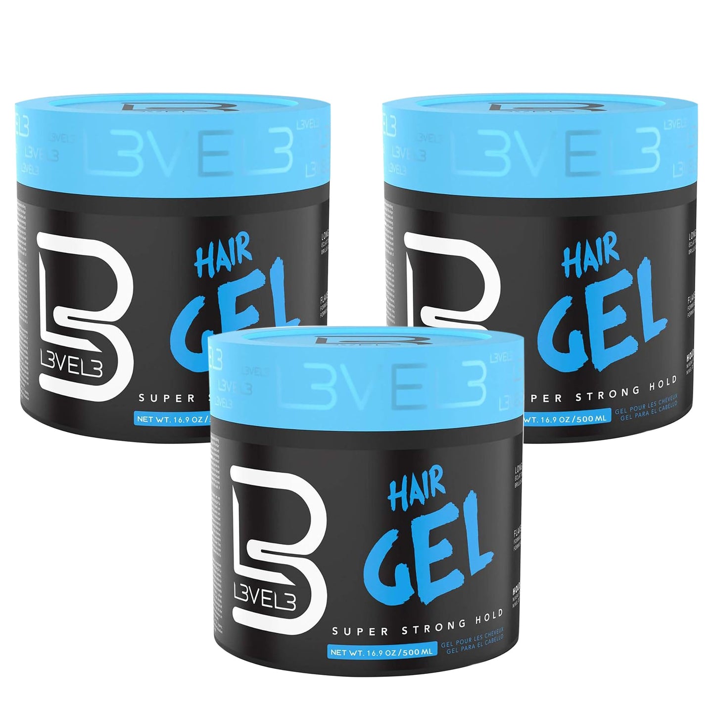 L3 Level 3 Hair Gel - Super Strong Hold - Flake Free - Long Lasting Shine For Men and Women - Level Three Gel - Add Volume and Texture - 500ml Bundle
