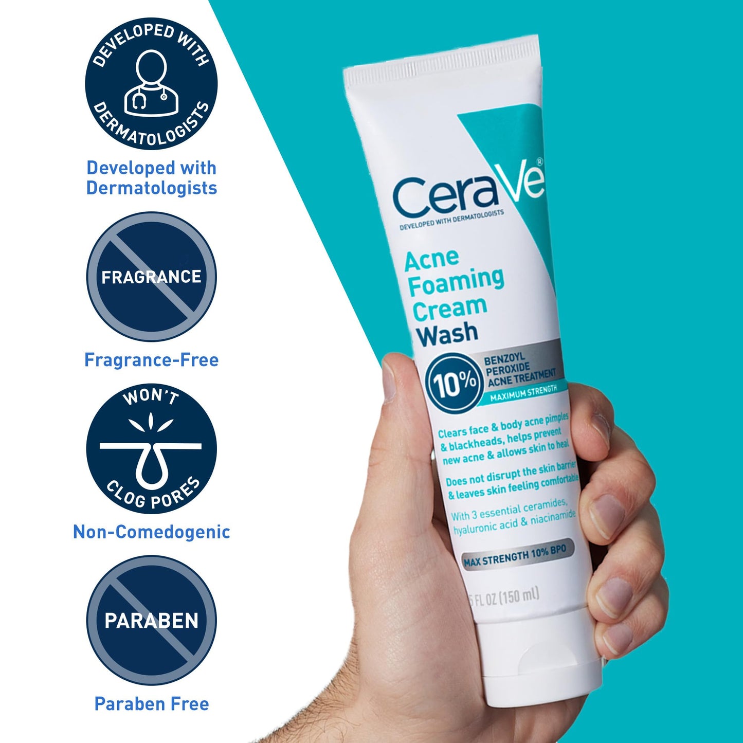 CeraVe Acne Foaming Cream Wash, Gentle Face and Body Cleanser with Benzoyl Peroxide 10%, Hyaluronic Acid, and Niacinamide, 10% Benzoyl Peroxide Beauty and Personal Care CeraVe