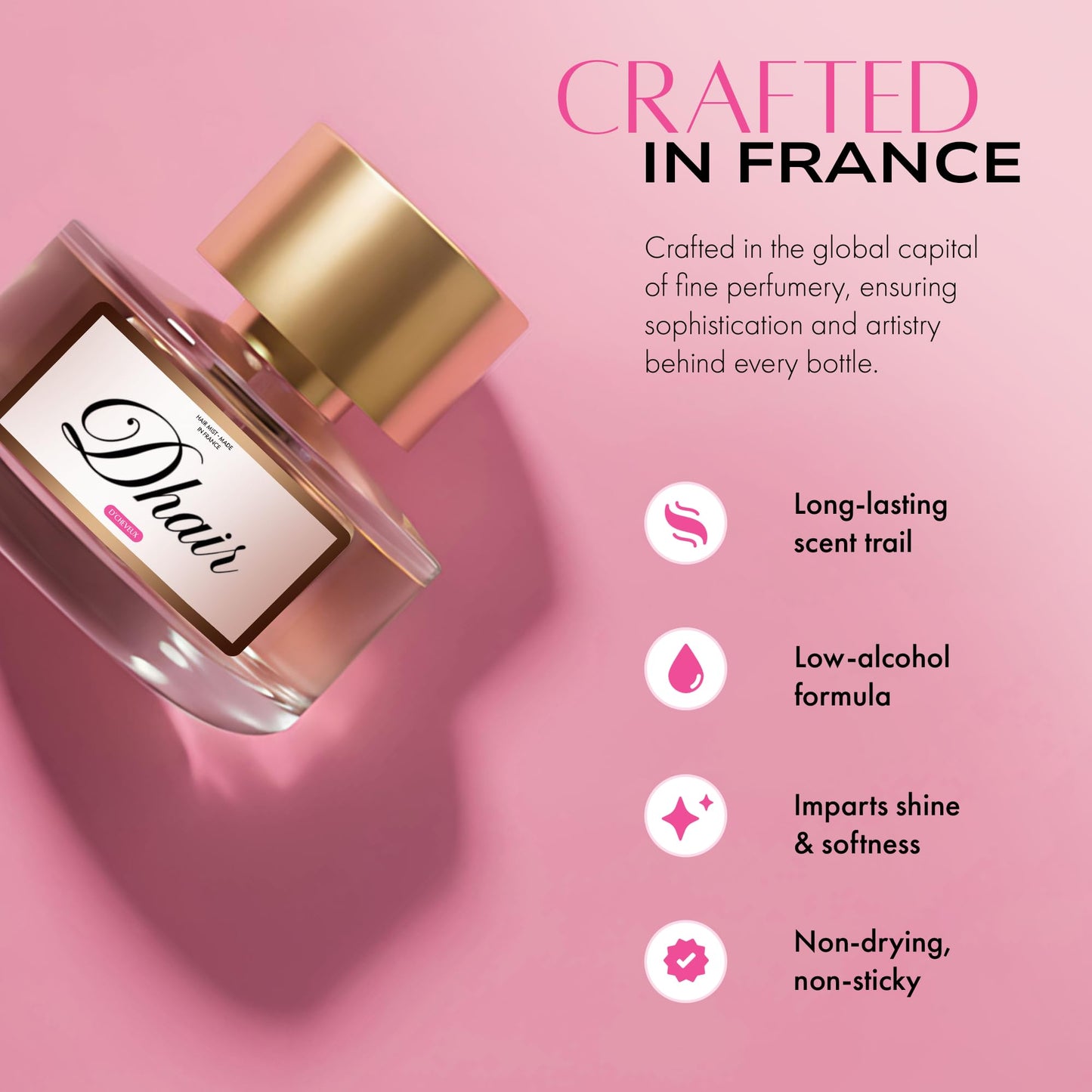 D'Cheveux Hair Perfume Mist for all hair types. Long- lasting fragrance with Jasmine, vanilla, coconut & caramel scent. Infused with Argan Oil