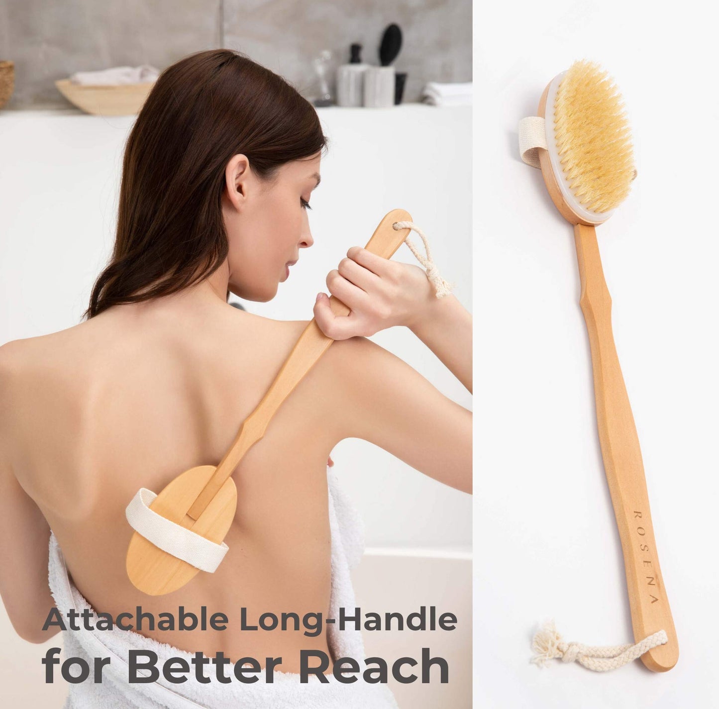 Dry Brushing Body Brush Set - Natural Bristle Spa Exfoliator Kit with Face Cleansing Brush, Long Dry Brushing Body Brush for Lymphatic Drainage