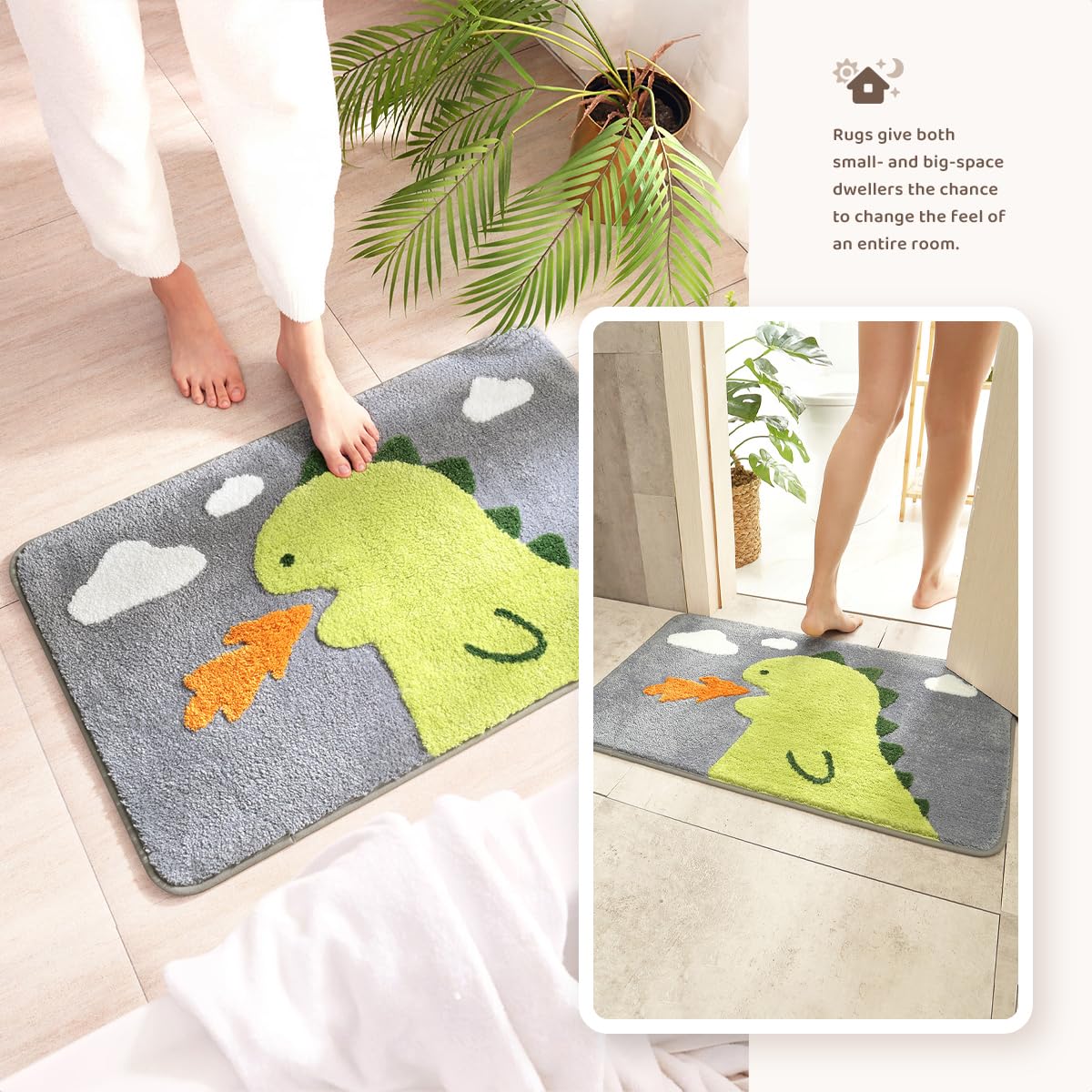 Molesun Dinosaur Bath Mat Non Slip, Bath Rug Soft Shower Rug Plush Microfiber Water Absorbent Thick Shaggy Floor Mats for Bathroom, Bedroom, Kitchen…