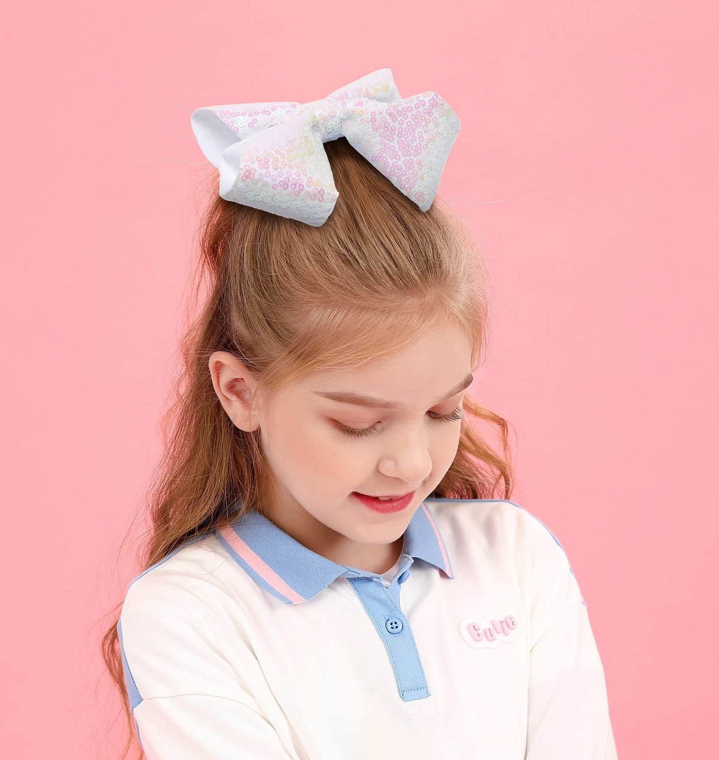 AMYDECOR 6 Inch White Sparkly Glitter Sequin Hair Bows for Girls Toddlers Kids Children Teenage (2PCS)