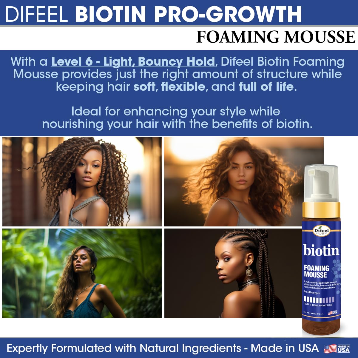 Difeel Biotin Foaming Mousse 8 oz. - Curly Hair Biotin Thickening Mousse, Ideal for Curls, Rows, Braids, and Coils