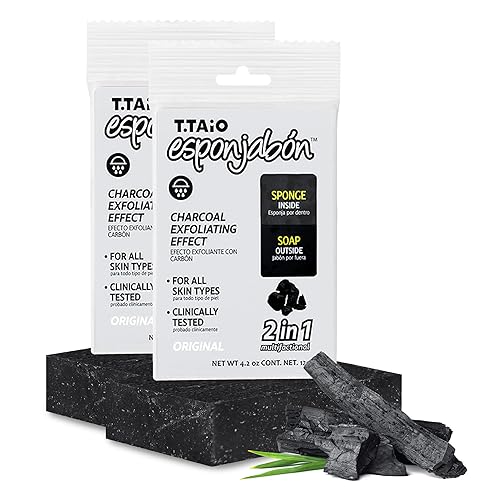 T.Taio Esponjabon Charcoal Soap Sponge - Cleansing Shower Scrubber - Cleaning Bath Wash Scrub - Oil Removal - Massage & Lather Foot, Elbow, & Face