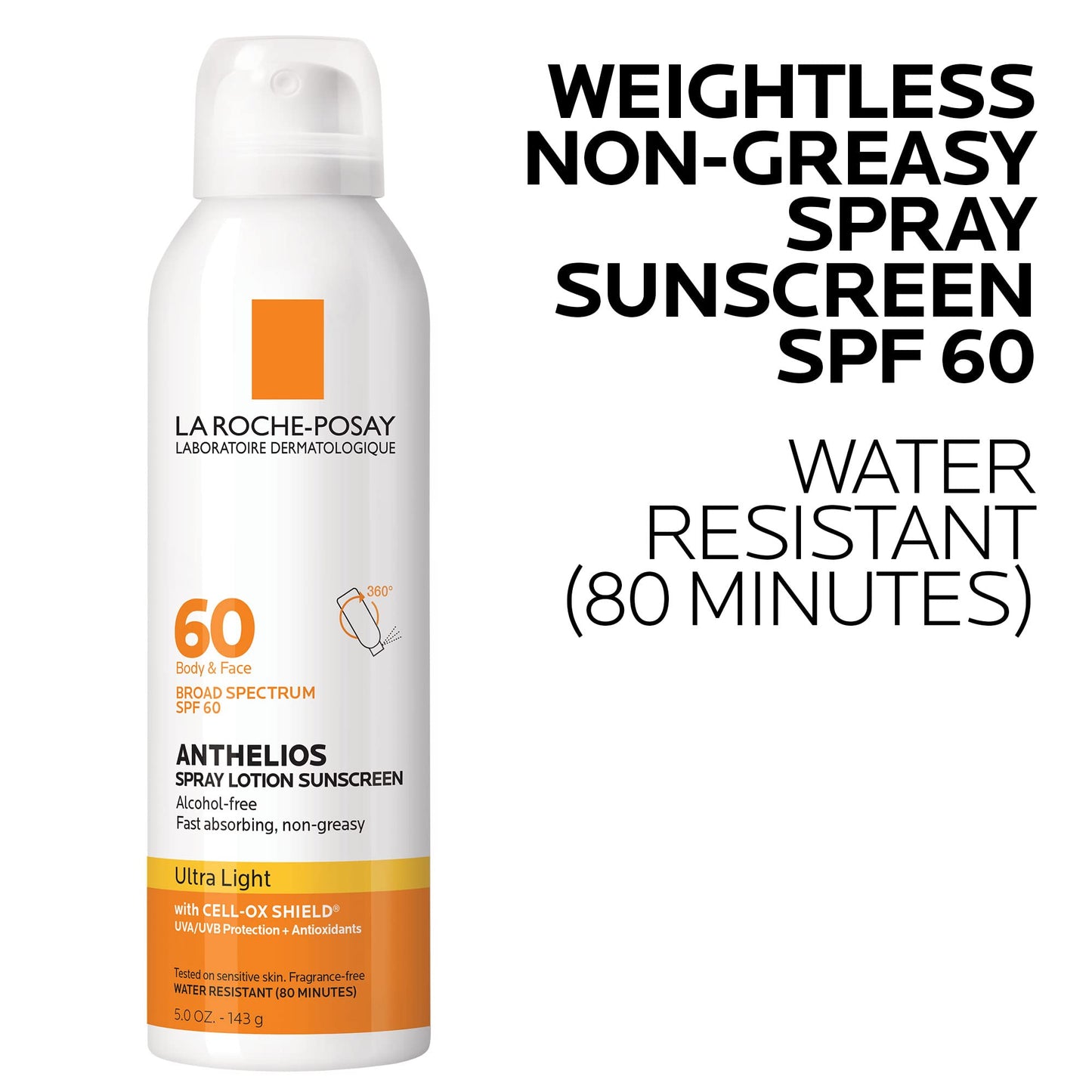 La Roche-Posay Anthelios Ultra-Light Sunscreen Spray Lotion SPF 60, Spray Sunscreen For Face & Body, Broad Spectrum SPF + Antioxidants, Oil Free