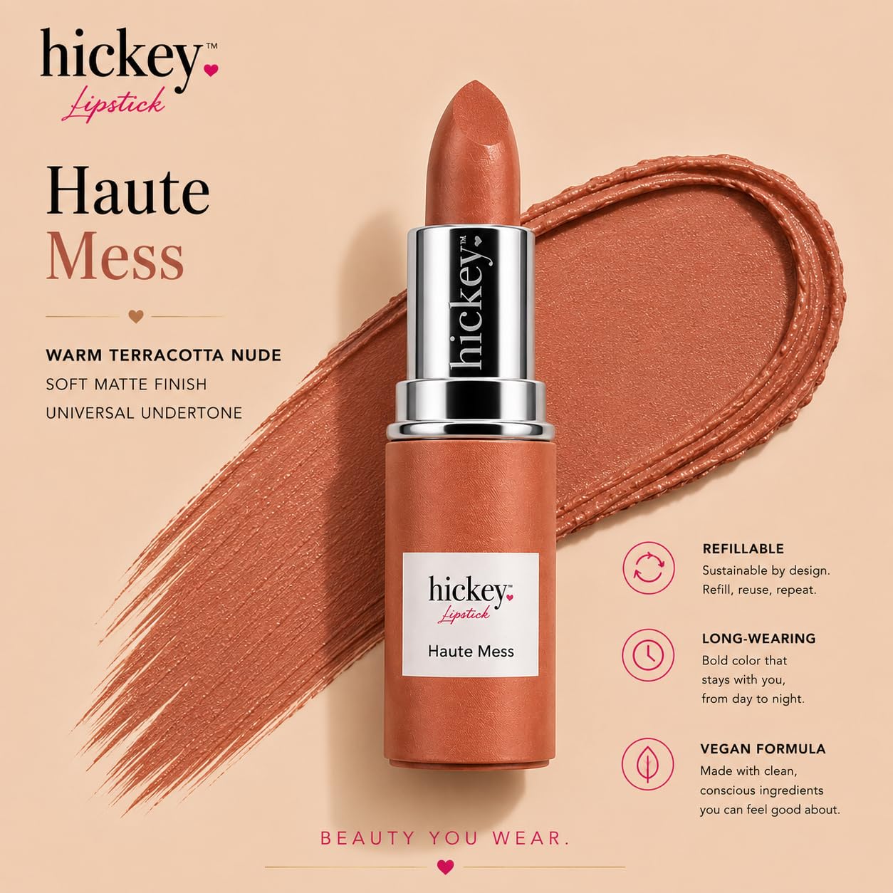 Hickey Lipstick Refill - Haute Mess (Terracotta) - Hydrating Formula with Jojoba Oil, Long Lasting Velvet Finish Lipstick for Women - Vegan &