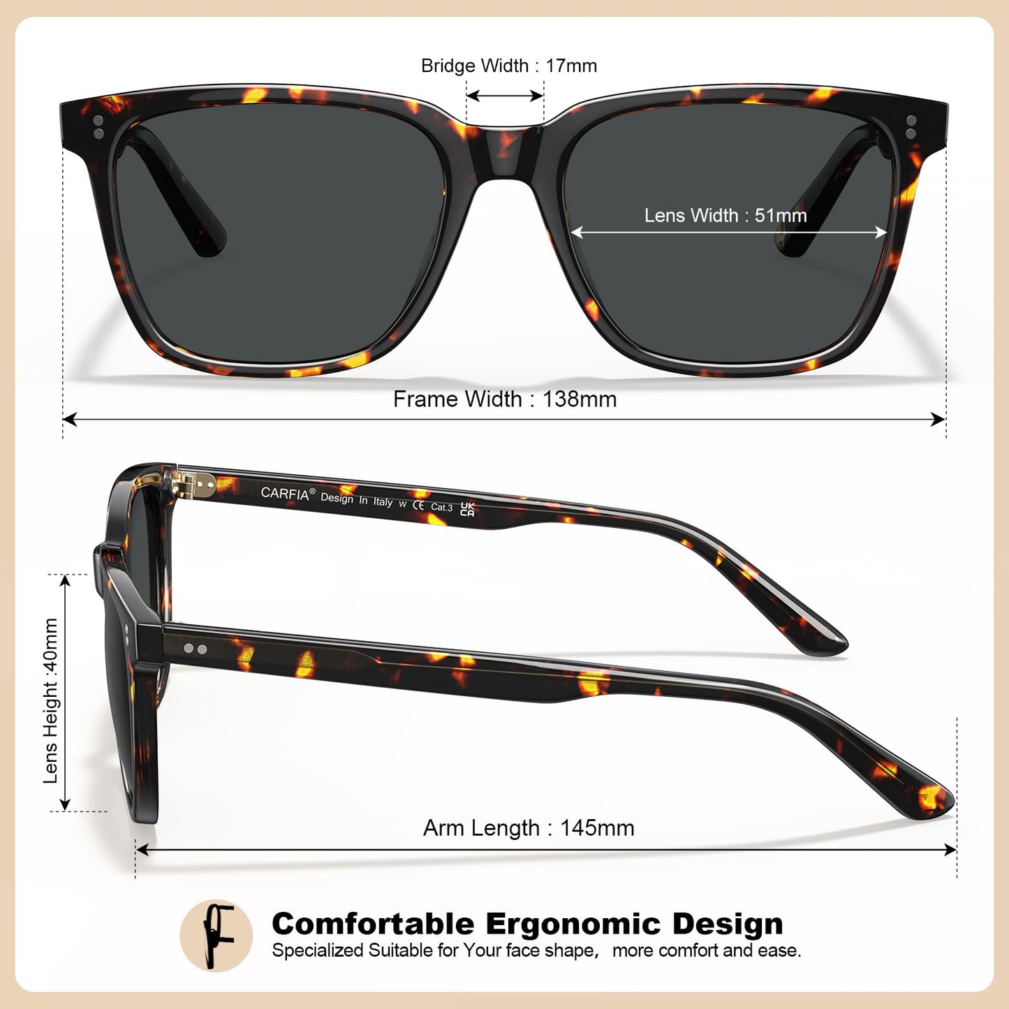 CARFIA Acetate Polarized Sunglasses for Women Small Face - AntiGlare UV400 Protection CA5354