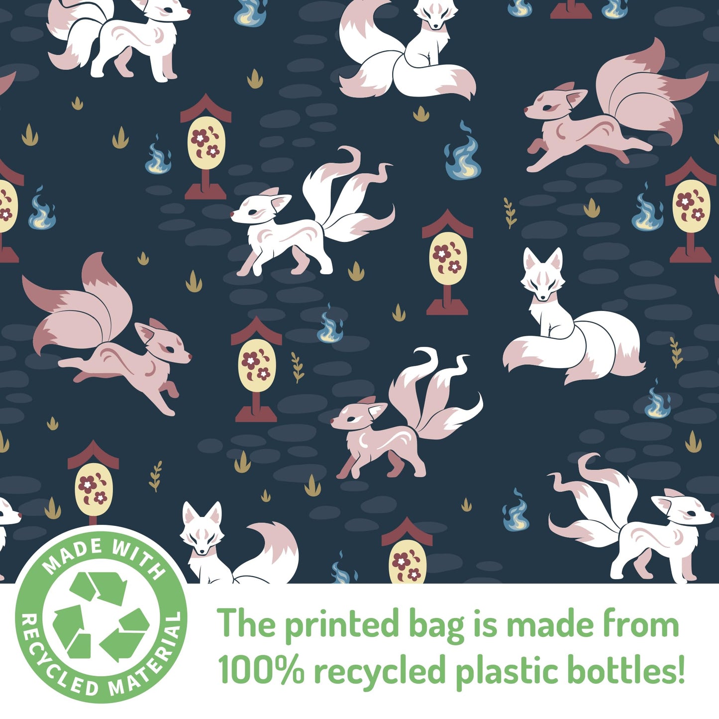 TeeTurtle Plushie Tote Bag - Myths and Cryptids - Red and Navy Blue Kitsune - Novelty Foldable Shoulder Bag