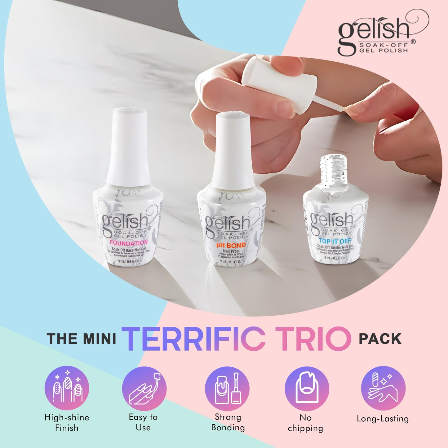 Gelish Mini Terrific Trio Collection 9 mL Soak Off Gel Nail Polish Kit with pH Bond, Foundation Base, and Top It Off Beauty & Personal Care Gelish
