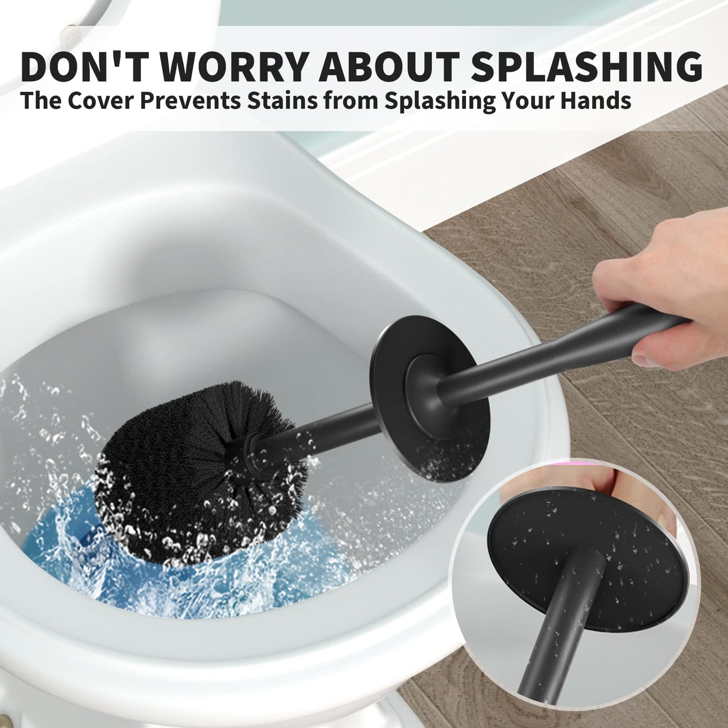 Toilet Brush and Holder 2 Pack – Long Handle, Covered Toilet Scrubber for Deep Cleaning & Space Saving – Black, Durable