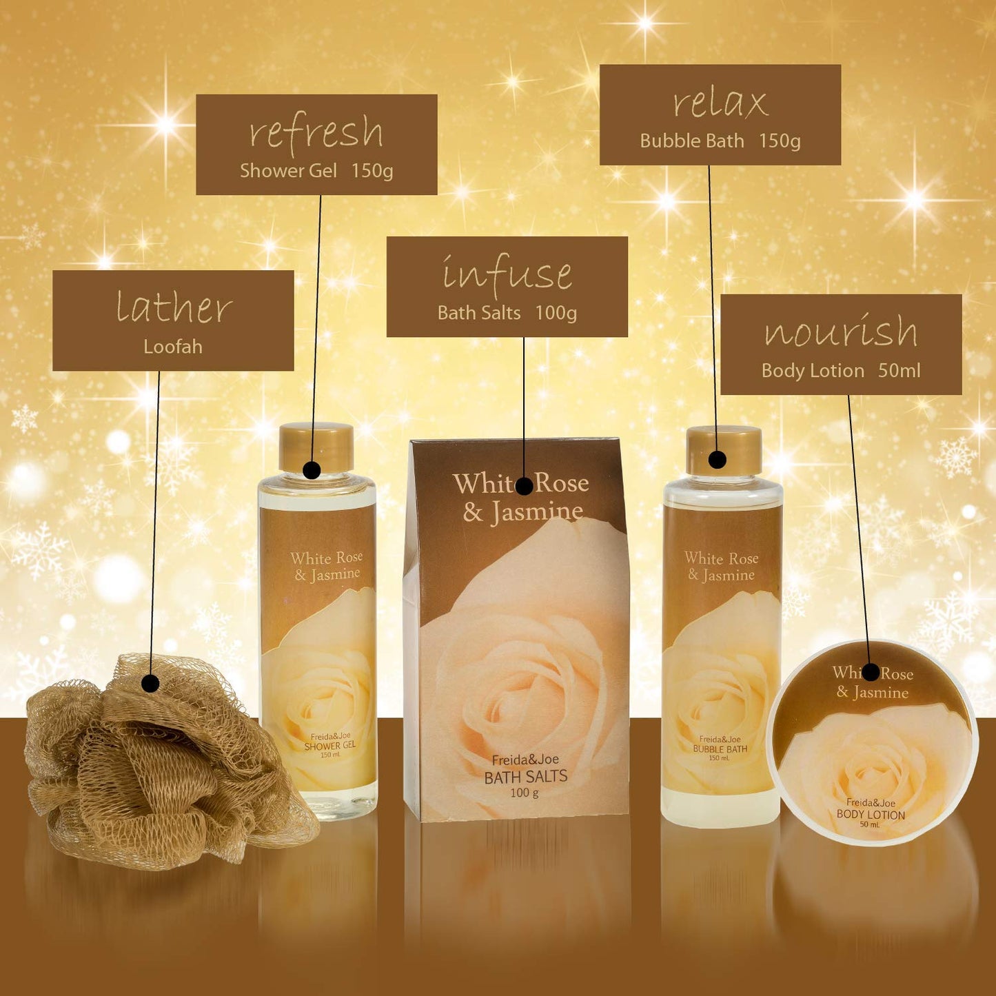 White Rose Jasmine Spa Set For Women in Elegant Gold Tub Includes Shower Gel, Bubble Bath, Body Lotion, Jasmine Bath Salt, Pouf, Award Winning Bath