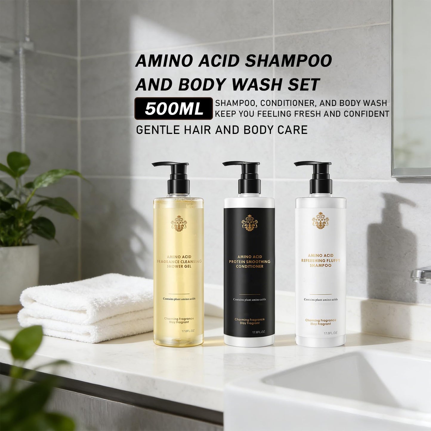 Shower Essentials for Men and Women,3 Piece Body Wash Shampoo and Conditioner Set,Deep-cleansing Shampoo for Oily Hair,Long-lasting Fragrance Shampoo